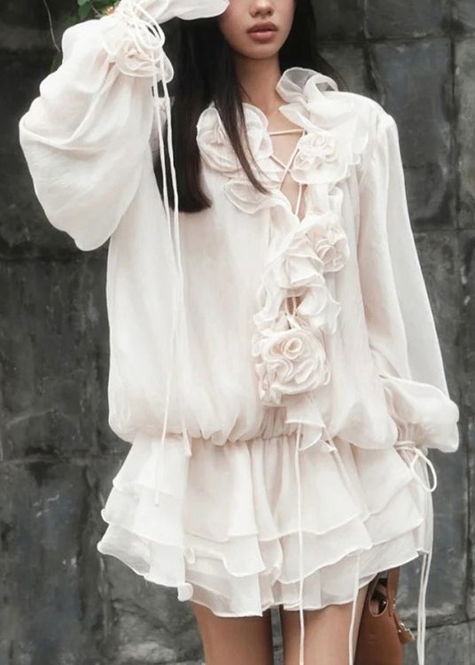 Korean Style Three-dimensional Flower Ruffled Lantern Sleeve Dress