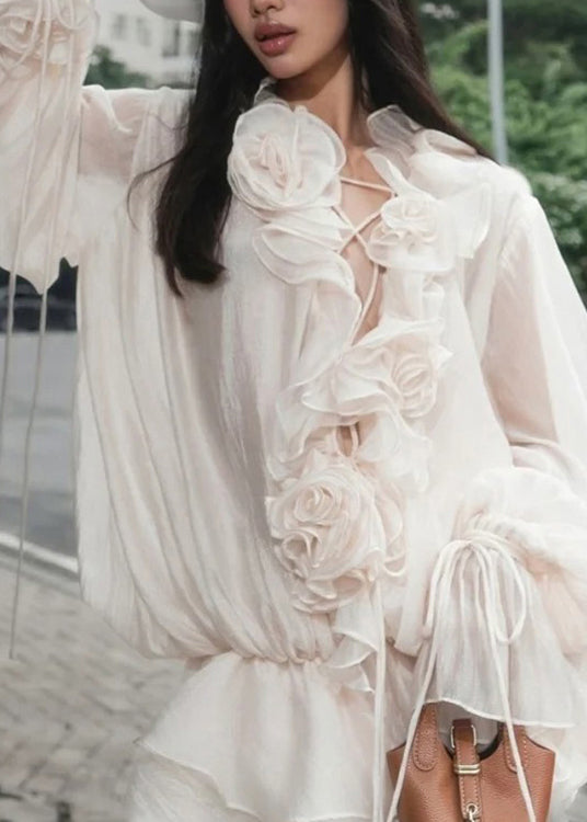 Korean Style Three-dimensional Flower Ruffled Lantern Sleeve Dress