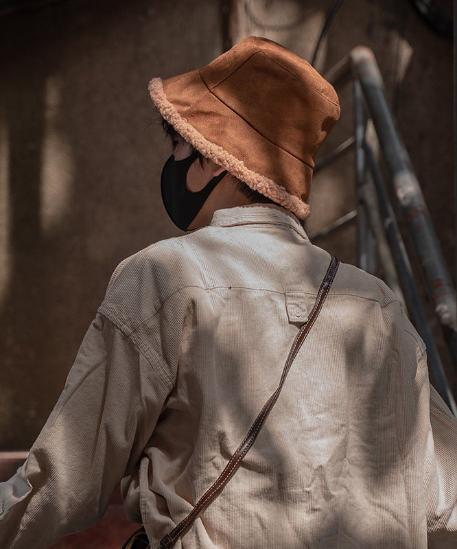 Korean Version Caramel Suede Fuzzy Wool Lined Bucket Hat