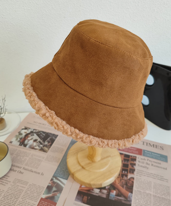 Korean Version Caramel Suede Fuzzy Wool Lined Bucket Hat