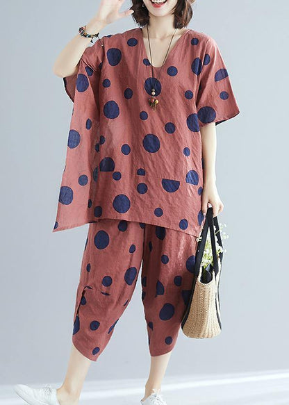 Korean Version of Cotton and Linen Brown Dot Print Top + Wide Leg Pants Suit