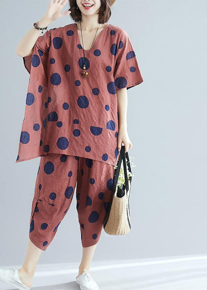Korean Version of Cotton and Linen Brown Dot Print Top + Wide Leg Pants Suit