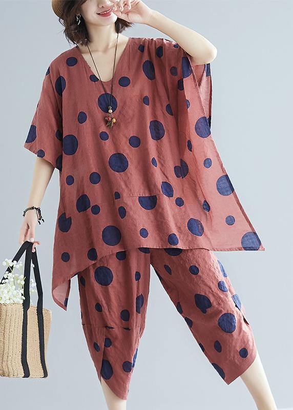 Korean Version of Cotton and Linen Brown Dot Print Top + Wide Leg Pants Suit