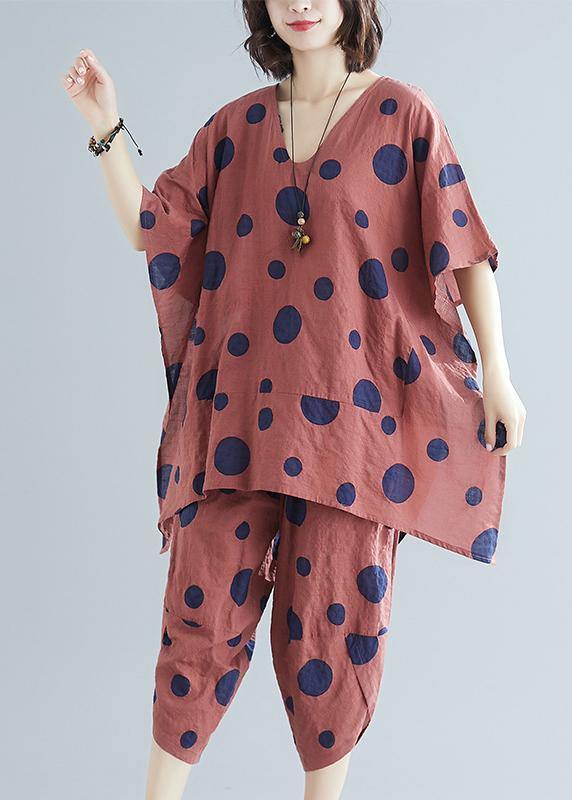 Korean Version of Cotton and Linen Brown Dot Print Top + Wide Leg Pants Suit