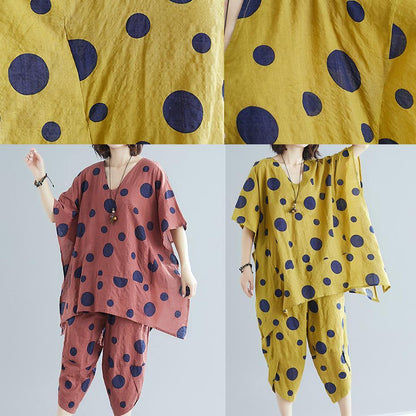 Korean Version of Cotton and Linen Brown Dot Print Top + Wide Leg Pants Suit