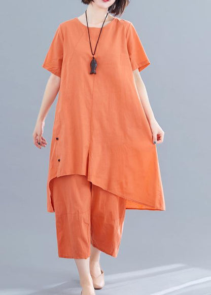 Korean Version of the Loose Large Size Orange Irregular Tops + Pants Cotton and Linen