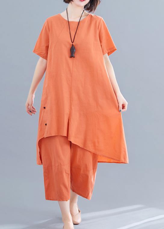 Korean Version of the Loose Large Size Orange Irregular Tops + Pants Cotton and Linen