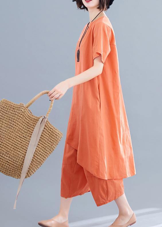 Korean Version of the Loose Large Size Orange Irregular Tops + Pants Cotton and Linen