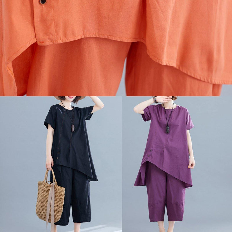 Korean Version of the Loose Large Size Orange Irregular Tops + Pants Cotton and Linen