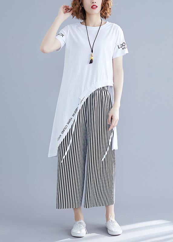Korean Short-sleeved T-shirt Striped Wide-leg Pants Suit