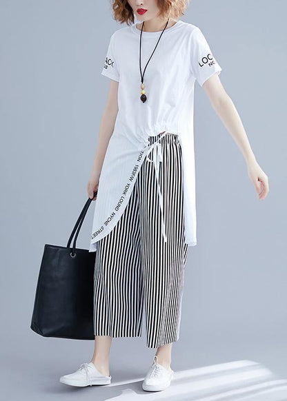 Korean Short-sleeved T-shirt Striped Wide-leg Pants Suit