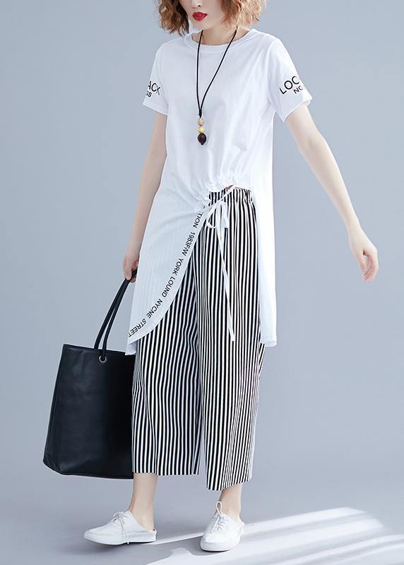 Korean Short-sleeved T-shirt Striped Wide-leg Pants Suit