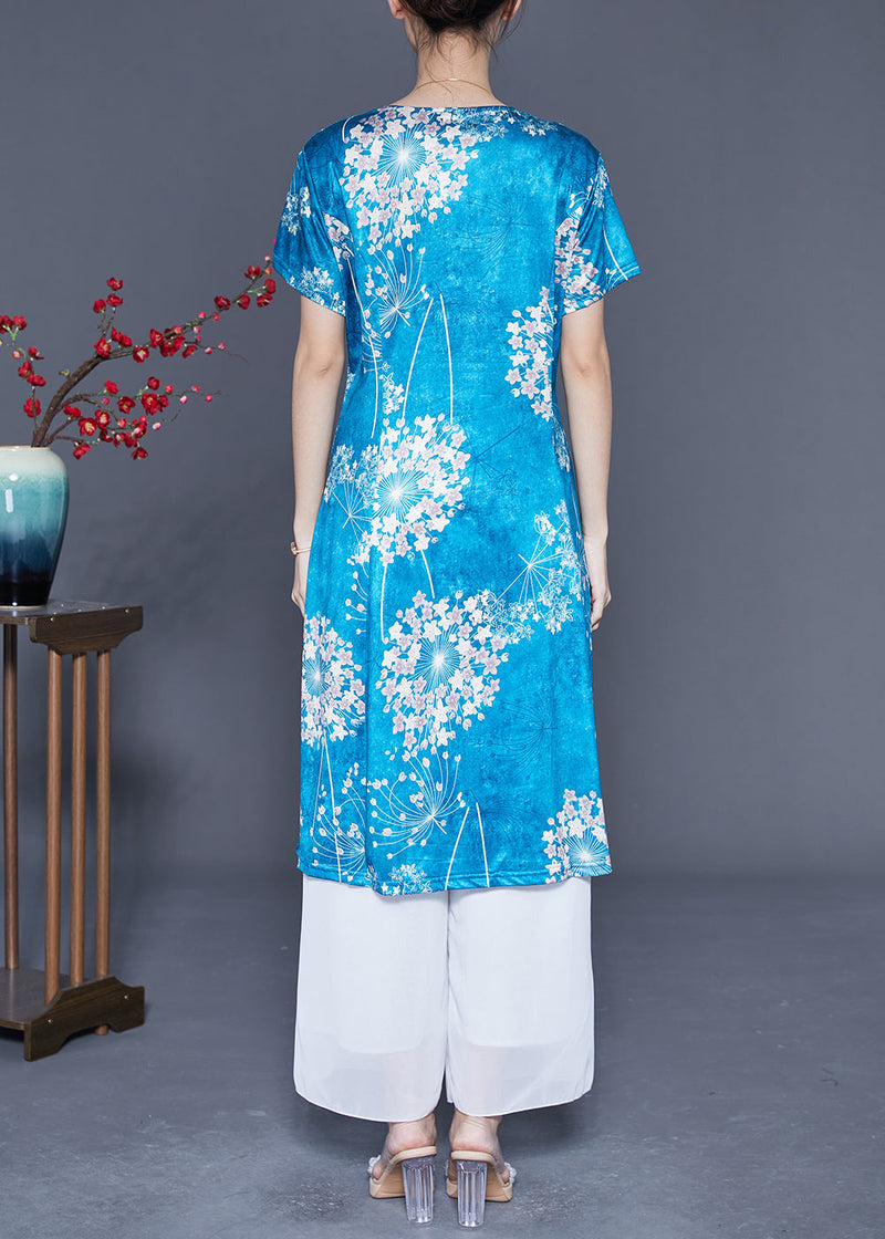 Lake Blue Print Silk a Line Dress Chinese Button Summer