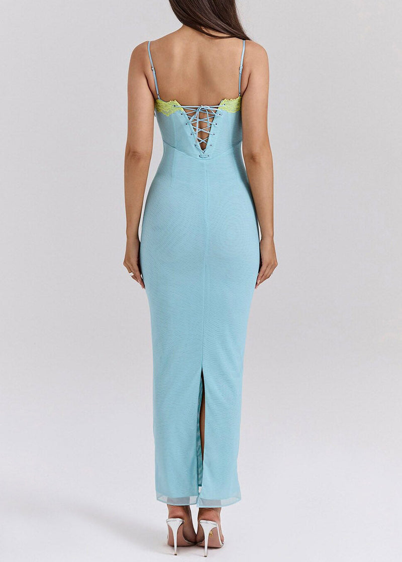 Lake Blue Tie Waist Tulle Long Spaghetti Strap Dress Dresses Summer