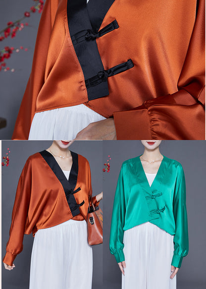 Lake Green Oversized Silk Blouses V Neck Chinese Button Spring