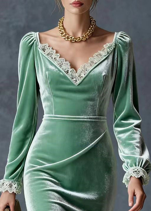 Lake Green Patchwork Lace Silk Velvet Dresses V Neck Spring