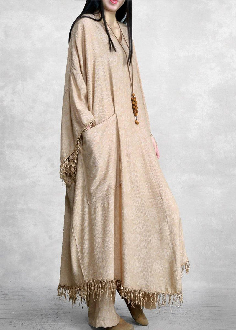 Khaki Silk Linen Jacquard Tassel Dress Two Piece Set