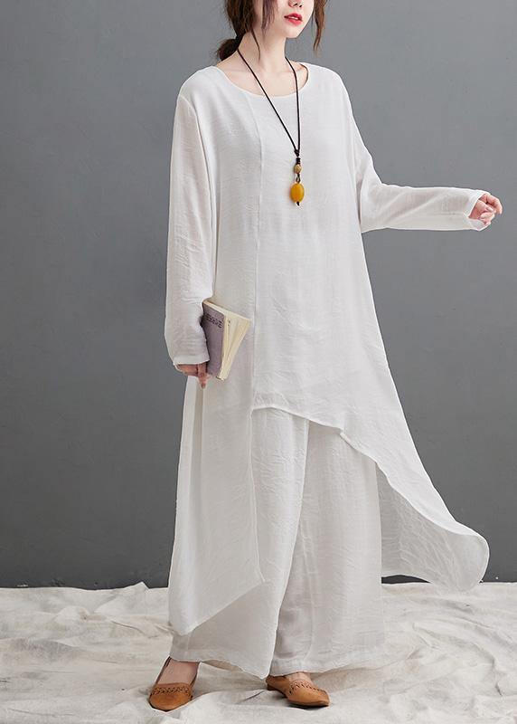 Large Size Loose Art Long White Top Wide Leg Pants Two Piece Suit for
