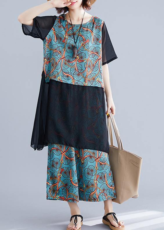 Large Size Covered Belly Wearing Wide-leg Pants Blue Two-piece