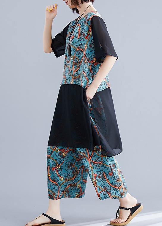 Large Size Covered Belly Wearing Wide-leg Pants Blue Two-piece