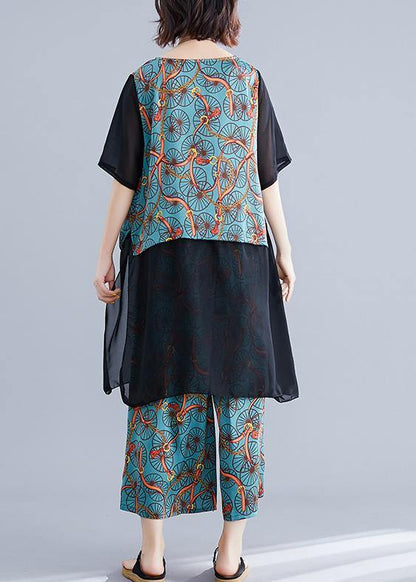 Large Size Covered Belly Wearing Wide-leg Pants Blue Two-piece