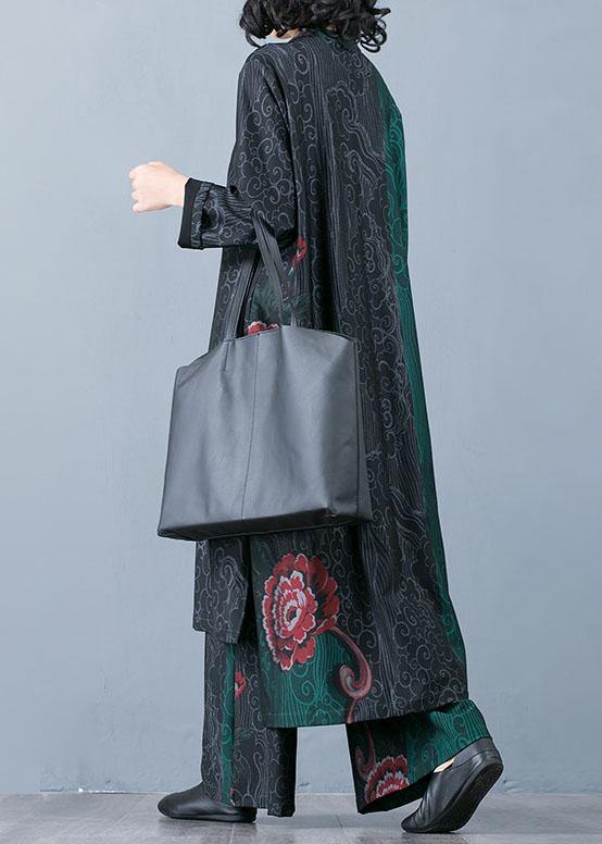 Large Size Long Section Cardigan Top Loose Wide Leg Pants Retro Green Print Two-piece Suit