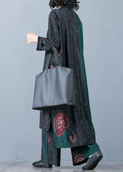 Large Size Long Section Cardigan Top Loose Wide Leg Pants Retro Green Print Two-piece Suit