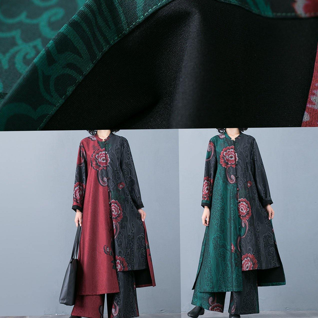 Large Size Long Section Cardigan Top Loose Wide Leg Pants Retro Green Print Two-piece Suit