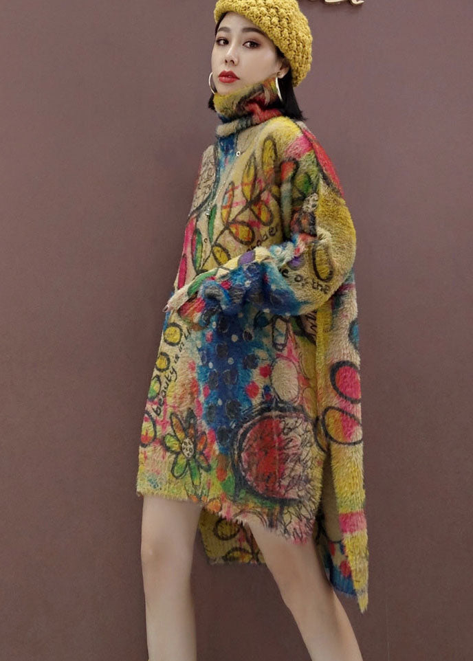 Leaves Print Loose Knit Dresses Side Open Spring