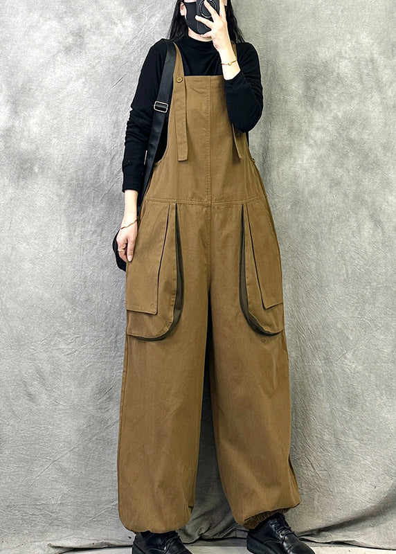 Leisure Khaki Pockets Patchwork Shoulder Straps Pants for Spring