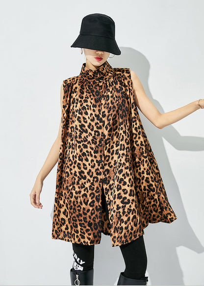 Leopard Print Cotton a Line Blouse Top Stand Collar Sleeveless