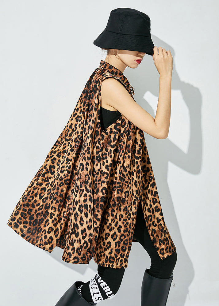 Leopard Print Cotton a Line Blouse Top Stand Collar Sleeveless