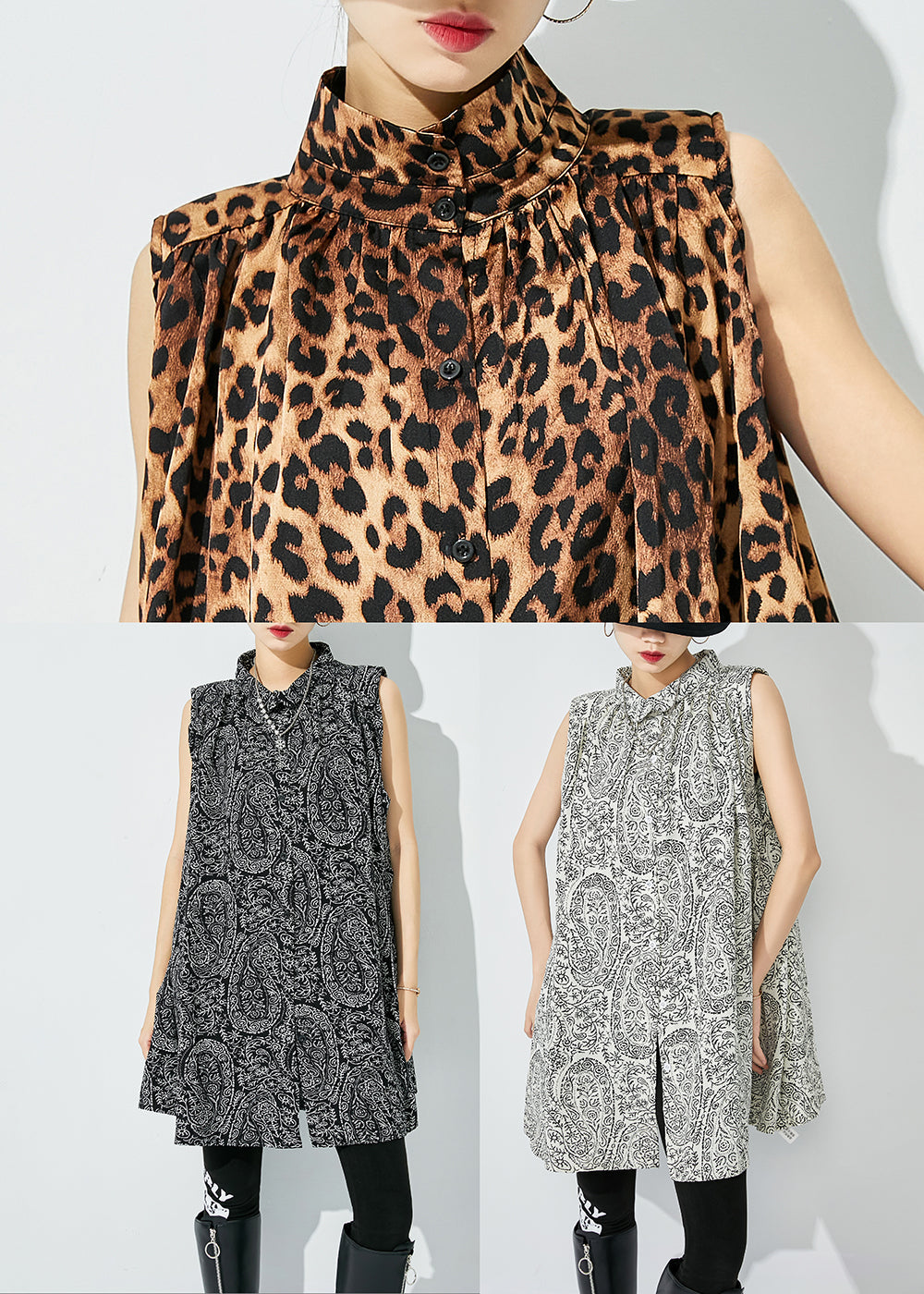 Leopard Print Cotton a Line Blouse Top Stand Collar Sleeveless