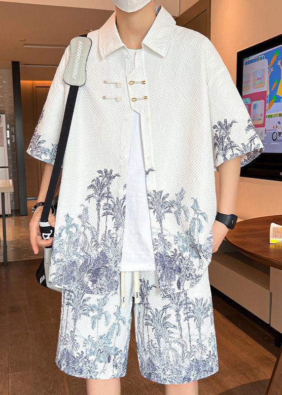 Light Apricot Print Shirt and Shorts Two Pieces Set Short Sleeve