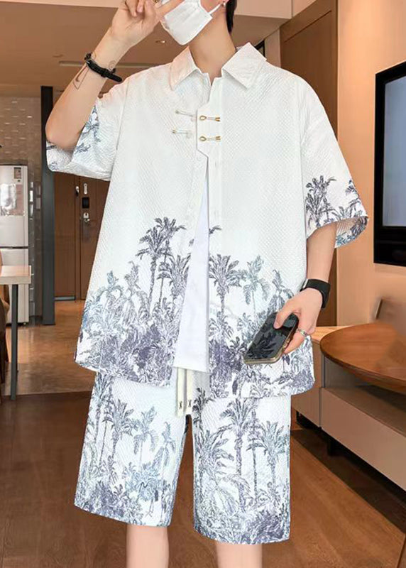 Light Apricot Print Shirt and Shorts Two Pieces Set Short Sleeve