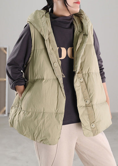 Light Bean Green Button Duck Down Hooded Waistcoat Winter
