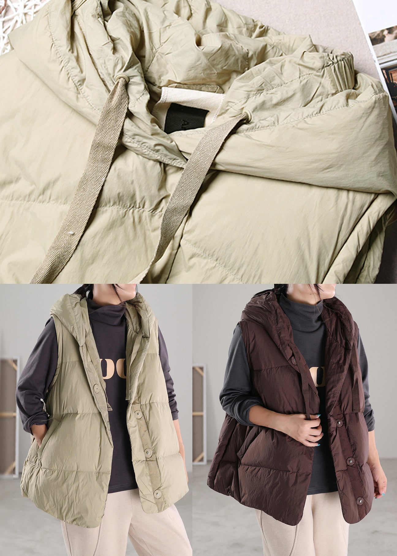Light Bean Green Button Duck Down Hooded Waistcoat Winter