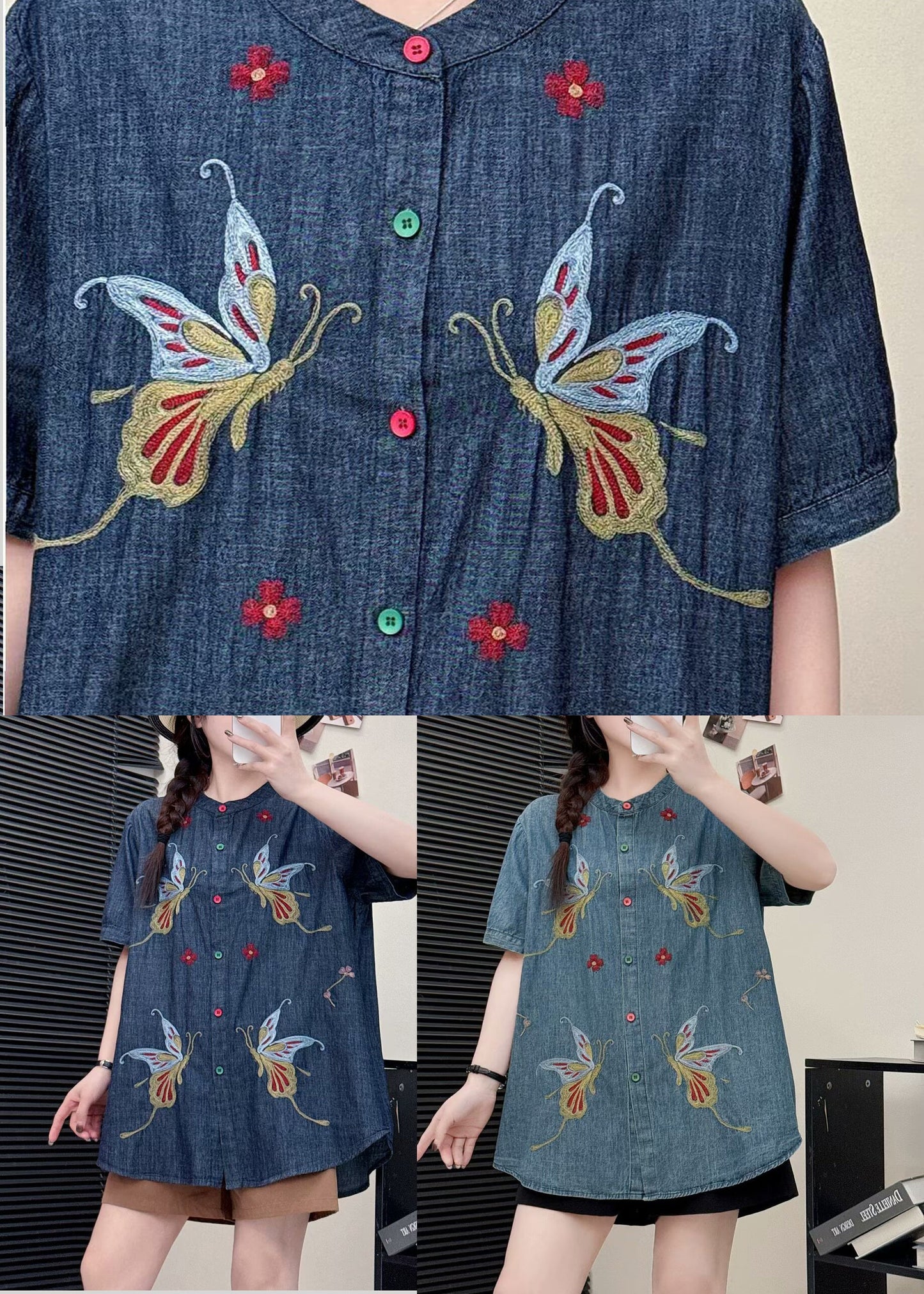 Light Blue Butterfly Denim Shirt Tops Embroidered Summer