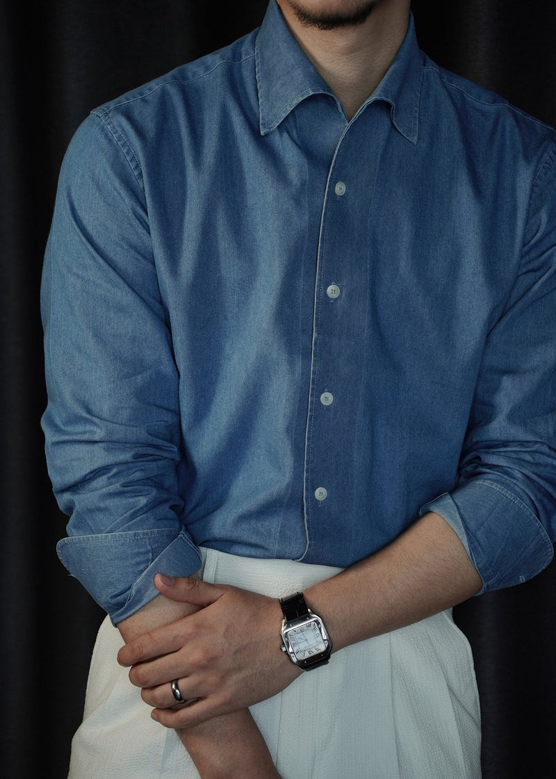 Light Blue Button Denim Shirts Peter Pan Collar Long Sleeve