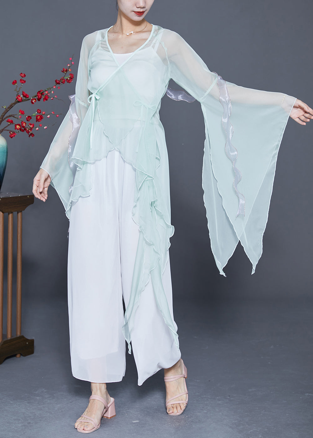 Light Blue Chiffon UPF 50+ Top Asymmetrical Design Summer