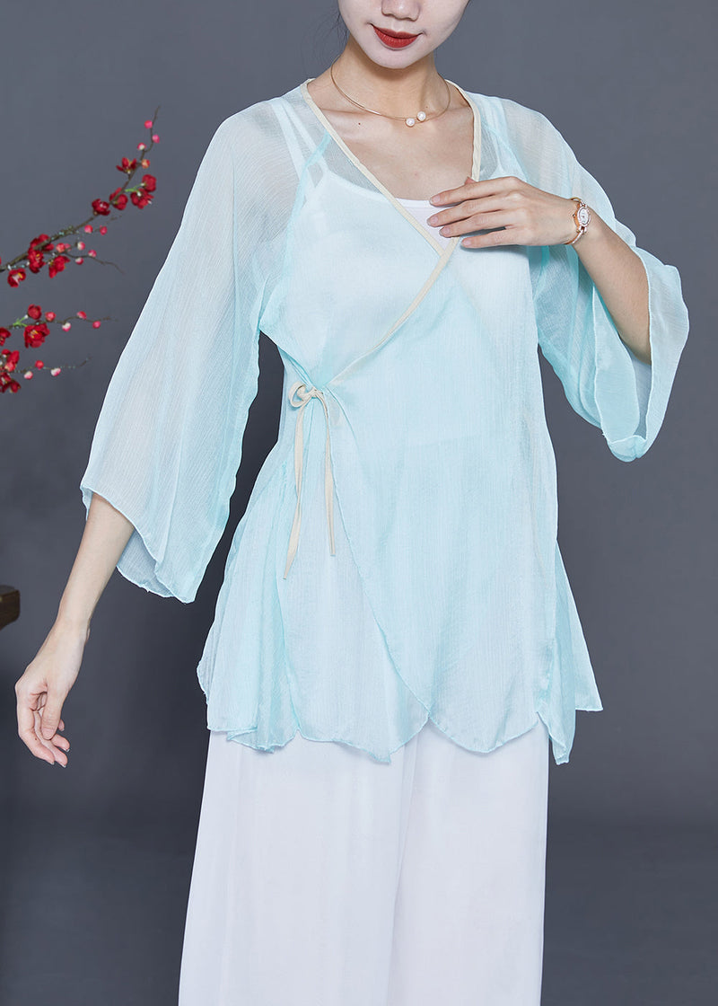 Light Blue Chiffon Upf 50+ Top V Neck Lace Up Bracelet Sleeve