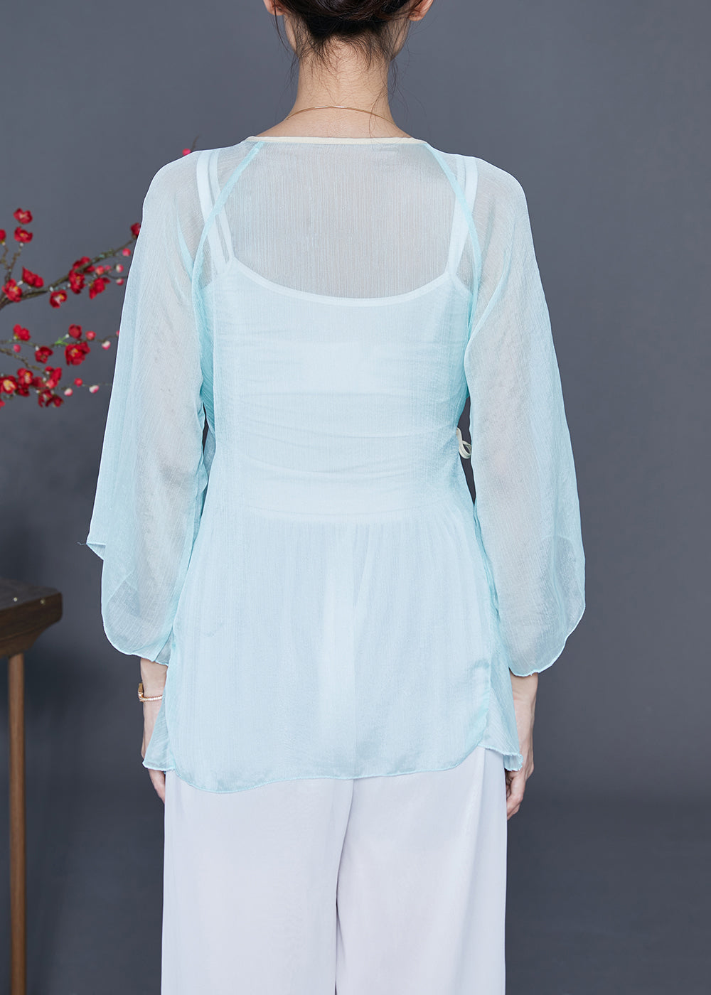 Light Blue Chiffon Upf 50+ Top V Neck Lace Up Bracelet Sleeve