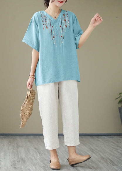 Light Blue Cotton Shirt Top Oversized Embroideried Summer