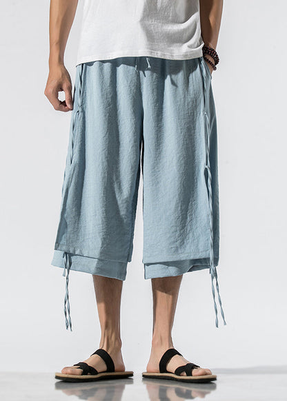 Light Blue Elastic Waist Tassel Crop Pants Summer