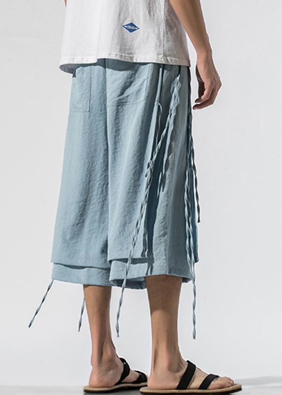 Light Blue Elastic Waist Tassel Crop Pants Summer