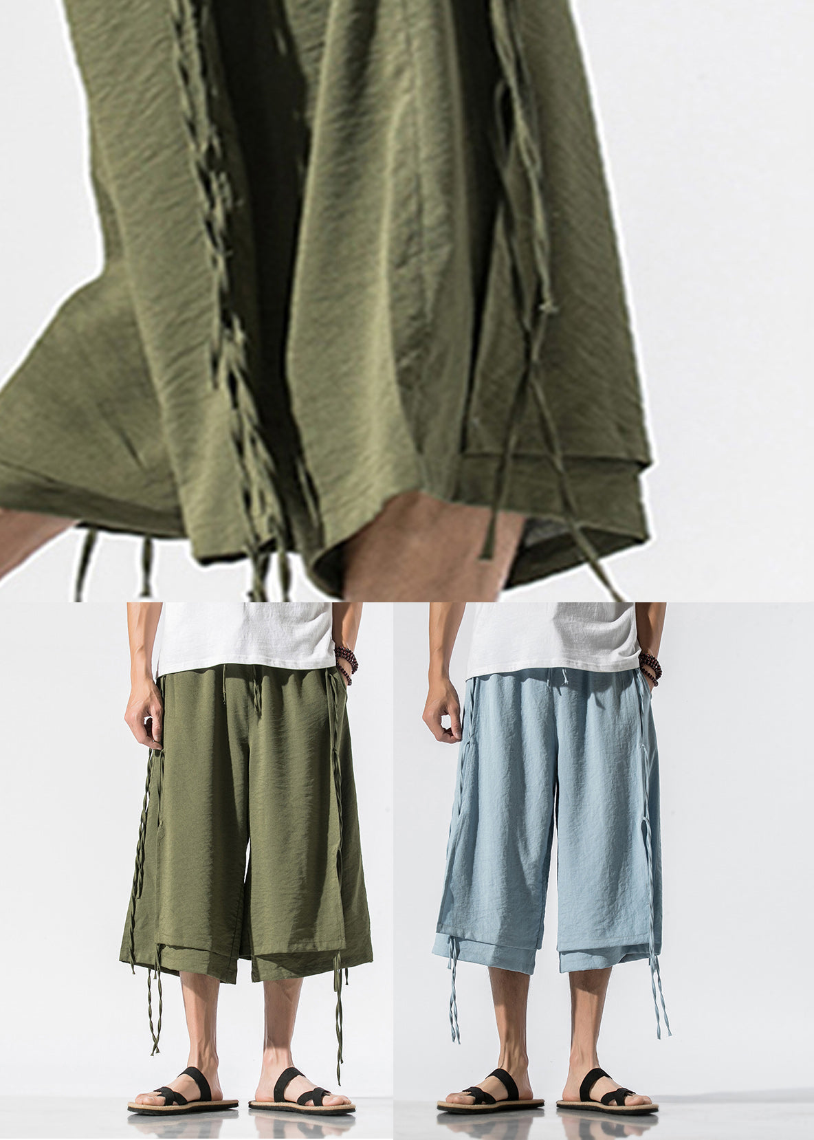 Light Blue Elastic Waist Tassel Crop Pants Summer