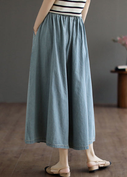 Light Blue Elastic Waist Wide Leg Pants Skirt