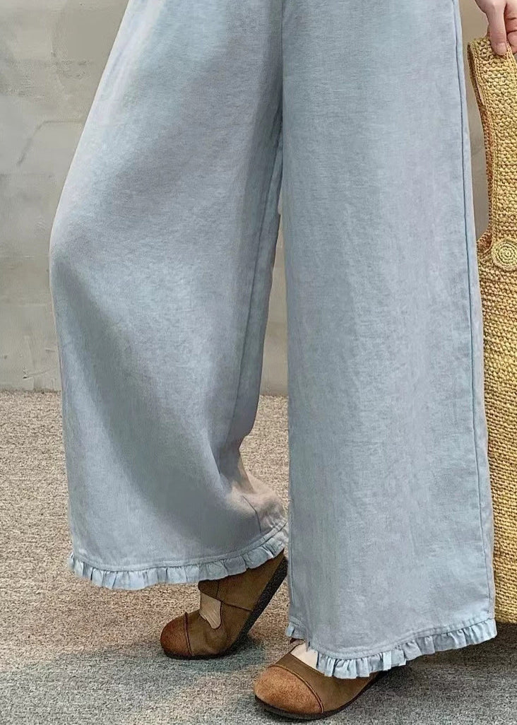 Light Blue Linen Wide Leg Pants Ruffled Summer
