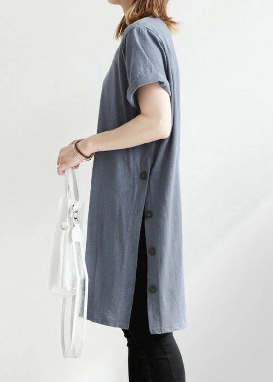 Light Blue O-neck Button Cotton Long T Shirt Short Sleeve