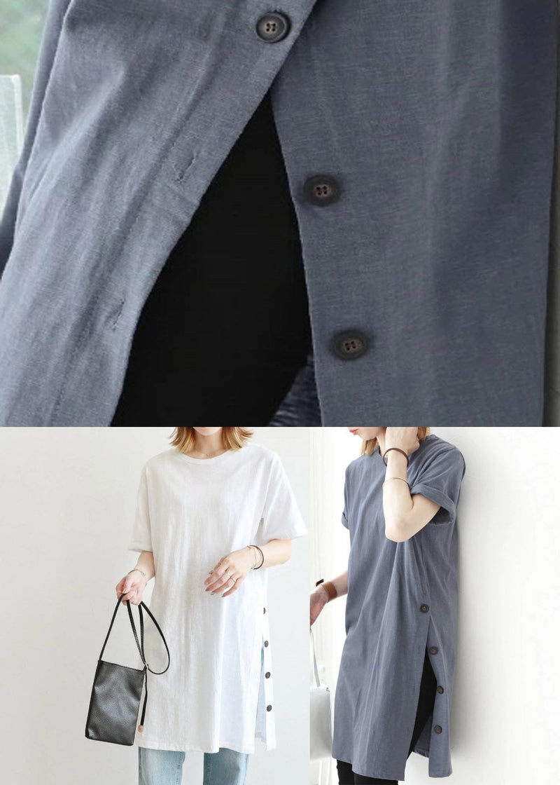 Light Blue O-neck Button Cotton Long T Shirt Short Sleeve